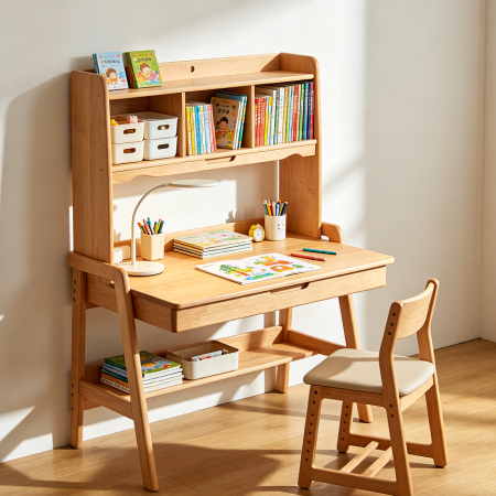 Kids Study Desk With Bookshelf Top Storage Unit